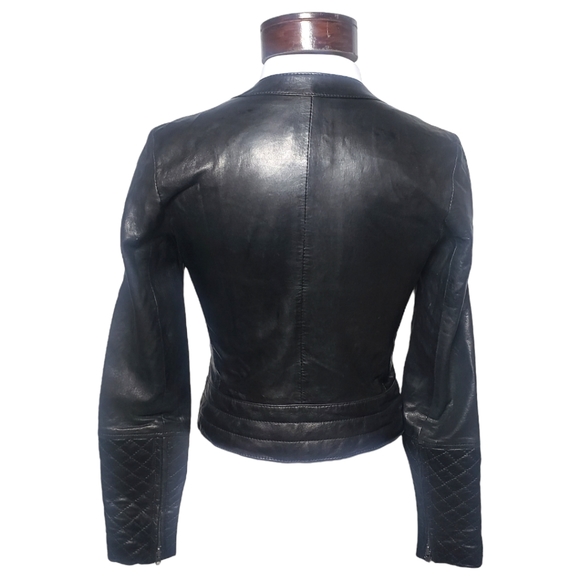 Trouve Leather Moto Collarless Quilted Sleeve Jacket Black Size: XS - Picture 5 of 16